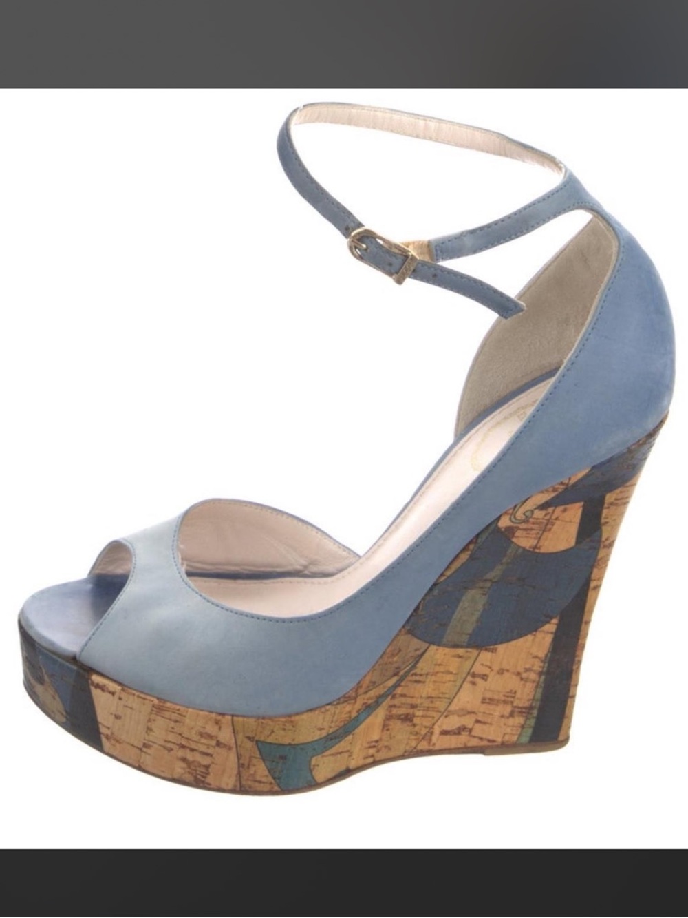 Emilio Pucci Powder Blue Ankle-Strap Cork-Print Wedge Sandals